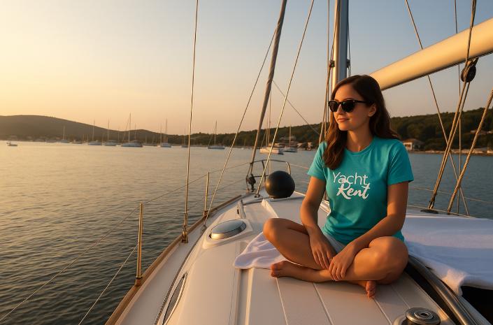 Mädchen im Yacht-Rent-T-Shirt auf dem Deck eines Segelbootes im Sonnenuntergang